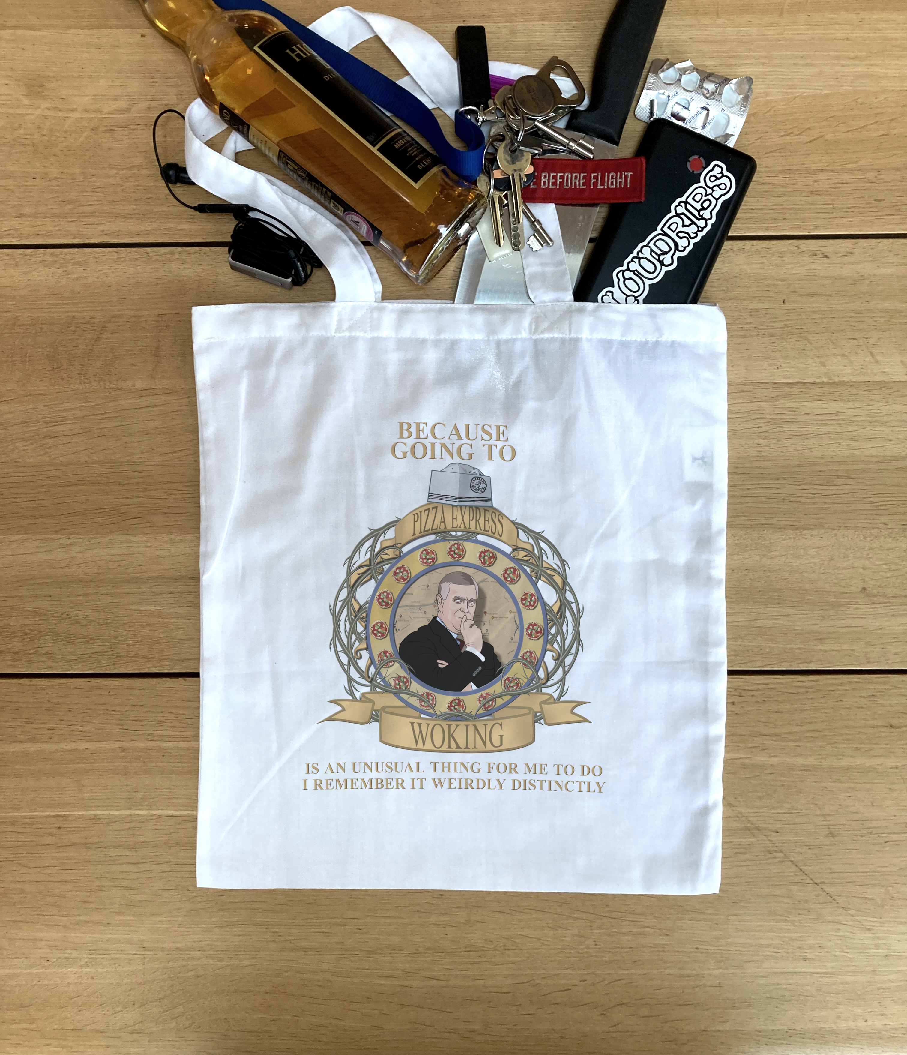 Prince Andrew Pizza Express Woking Commemorative White Soft Tote Bag - 41cm  x 37cm 